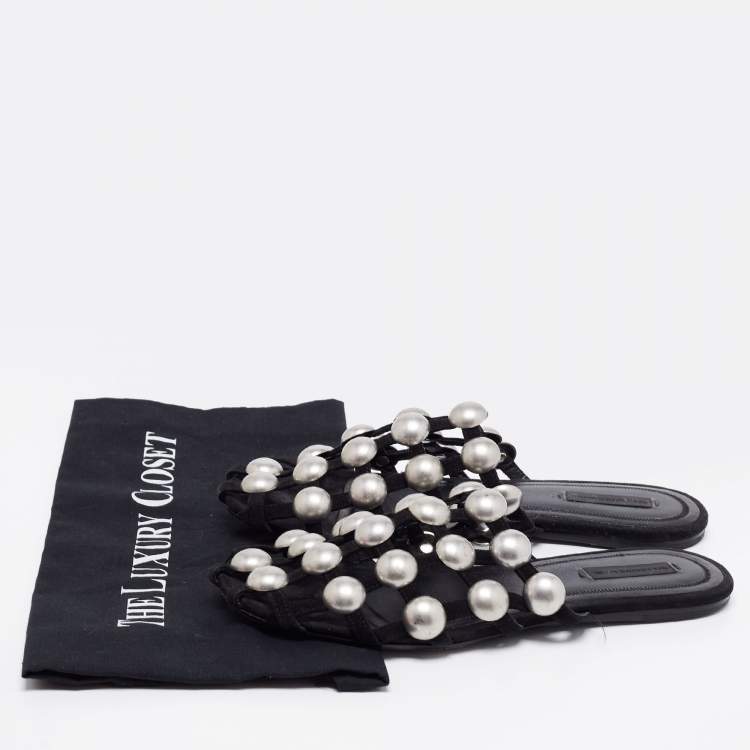Pre Owned Alexander Wang Black Suede Amelia Studded Flat Slides Size 38