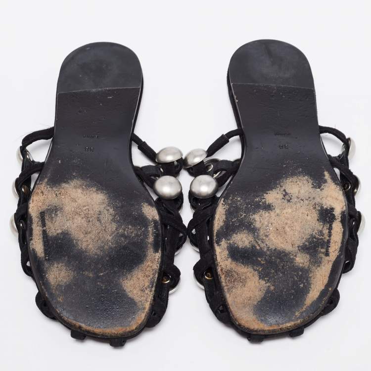 Pre Owned Alexander Wang Black Suede Amelia Studded Flat Slides Size 38