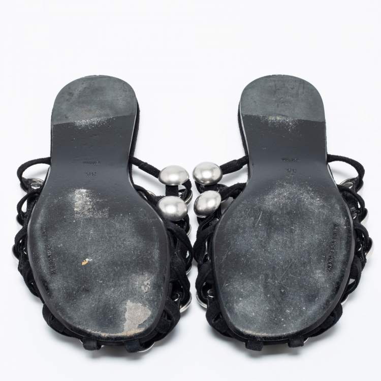 Pre Owned Alexander Wang Black Suede Amelia Studded Flat Slide Sandals Size 35