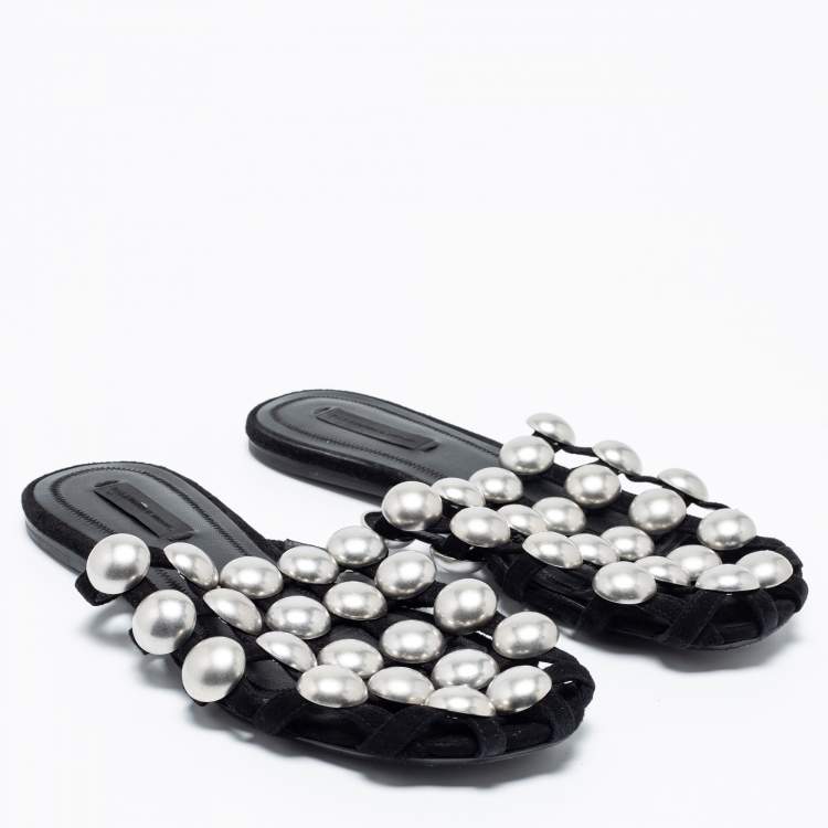 Pre Owned Alexander Wang Black Suede Amelia Studded Flat Slide Sandals Size 35