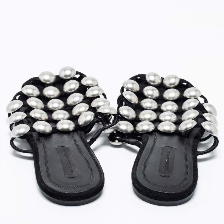 Pre Owned Alexander Wang Black Suede Amelia Studded Flat Slide Sandals Size 35