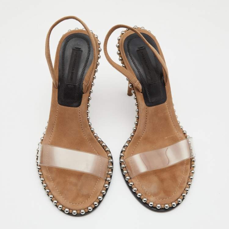Pre Owned Alexander Wang Beige Suede And PVC Studded Slingback Nova Sandals Size 37.5
