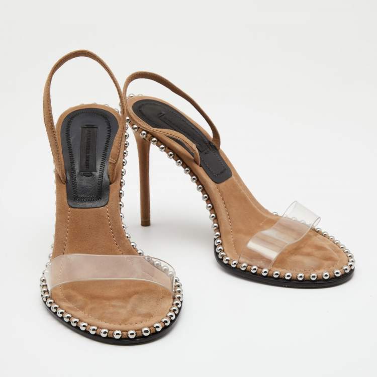 Pre Owned Alexander Wang Beige Suede And PVC Studded Slingback Nova Sandals Size 37.5