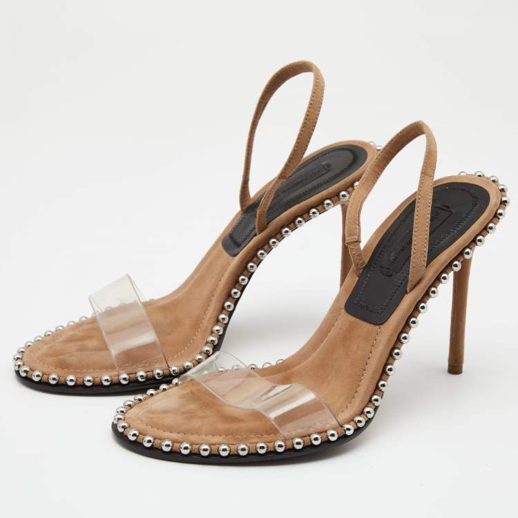 Pre Owned Alexander Wang Beige Suede And PVC Studded Slingback Nova Sandals Size 37.5