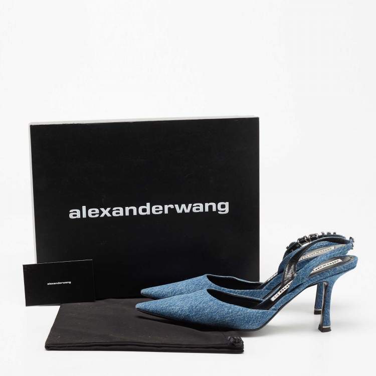 Pre Owned Alexander Wang Blue Denim Logo Plaque Grace Slingback Sandals Size 39.5