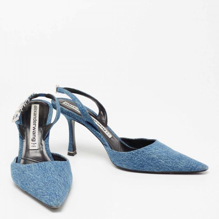 Pre Owned Alexander Wang Blue Denim Logo Plaque Grace Slingback Sandals Size 39.5