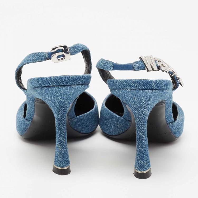 Pre Owned Alexander Wang Blue Denim Logo Plaque Grace Slingback Sandals Size 39.5