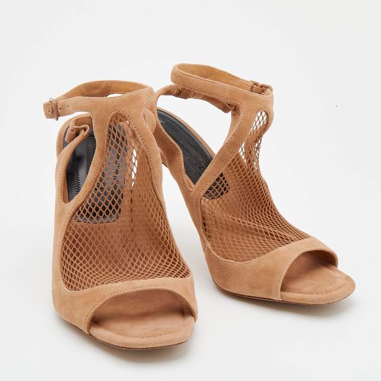Pre Owned Alexander Wang Beige Suede and Fishnet Piper Ankle Strap Sandals Size 37.5