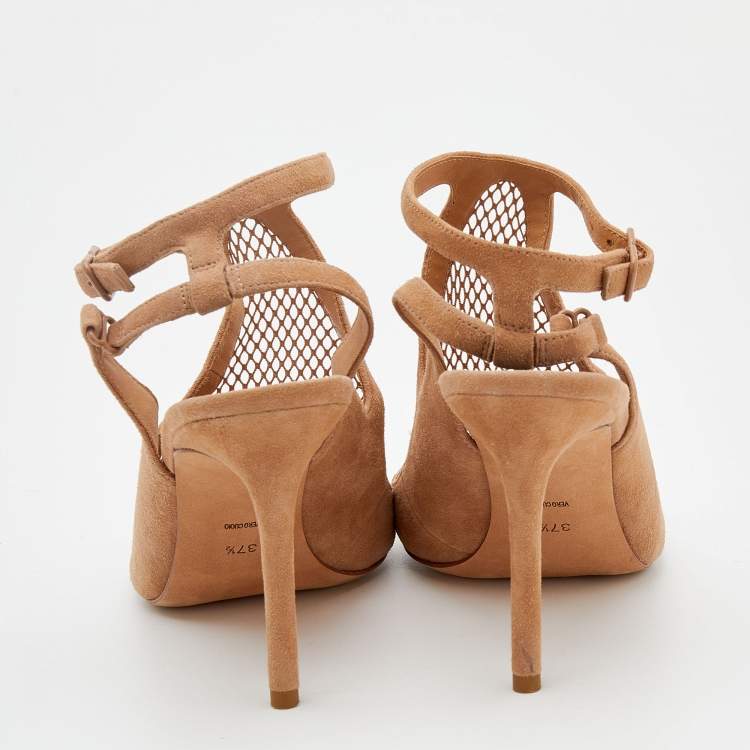 Pre Owned Alexander Wang Beige Suede and Fishnet Piper Ankle Strap Sandals Size 37.5