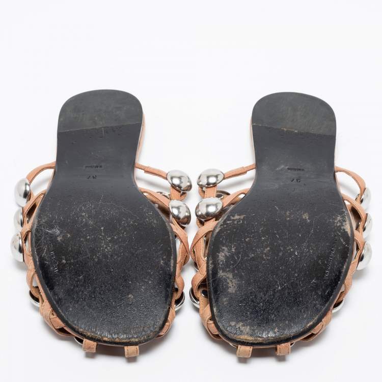 Pre Owned Alexander Wang Beige Leather Amelia Studded Flat Slides Size 37 