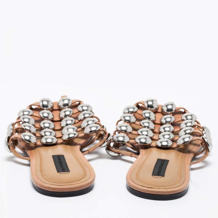 Pre Owned Alexander Wang Beige Leather Amelia Studded Flat Slides Size 37 
