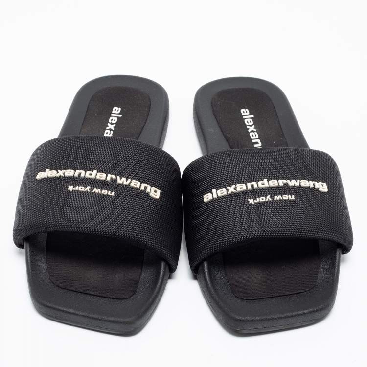 Pre Owned Alexander Wang Black Nylon Logo Flat Slides Size 38