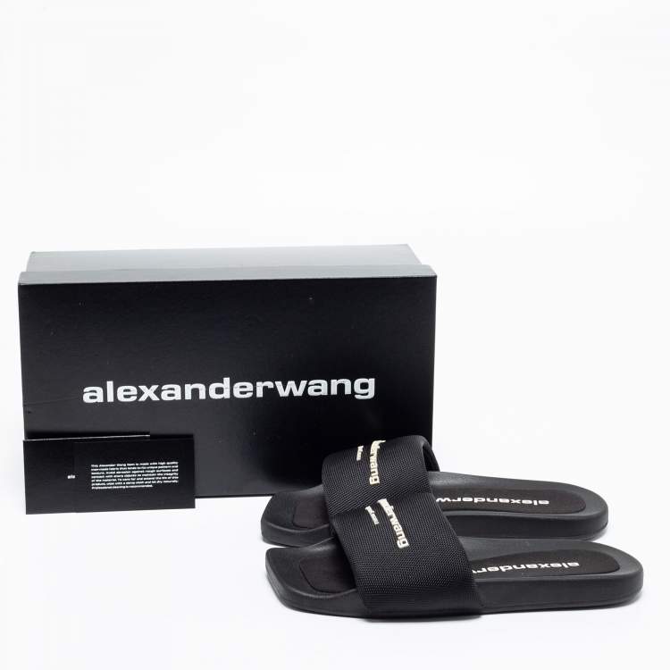 Pre Owned Alexander Wang Black Nylon Logo Flat Slides Size 38