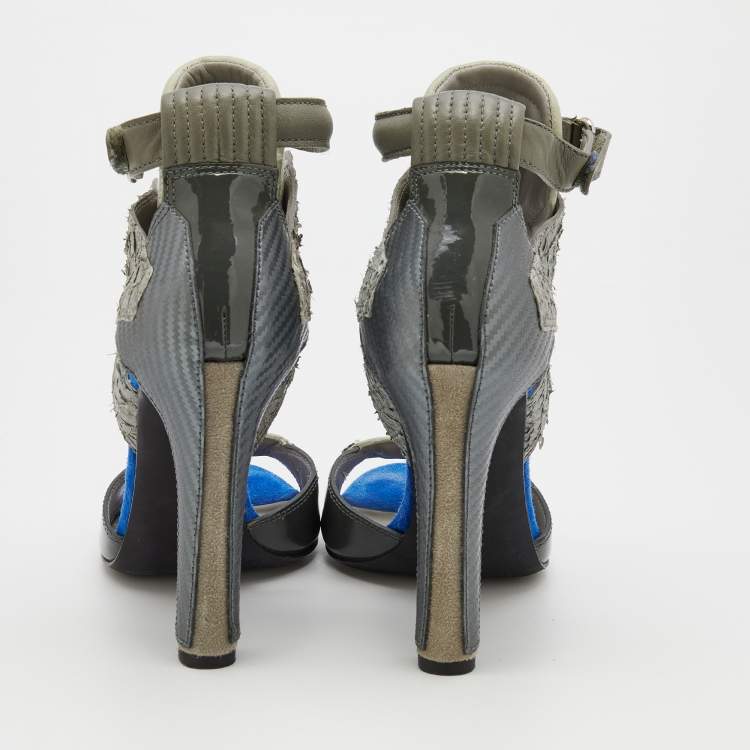 Pre Owned Alexander Wang Grey/Beige Leather And Salmon Skin Trim Chloe Ankle Strap Sandals Size 39.5