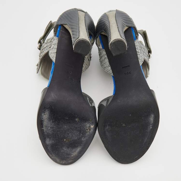 Pre Owned Alexander Wang Grey/Beige Leather And Salmon Skin Trim Chloe Ankle Strap Sandals Size 39.5