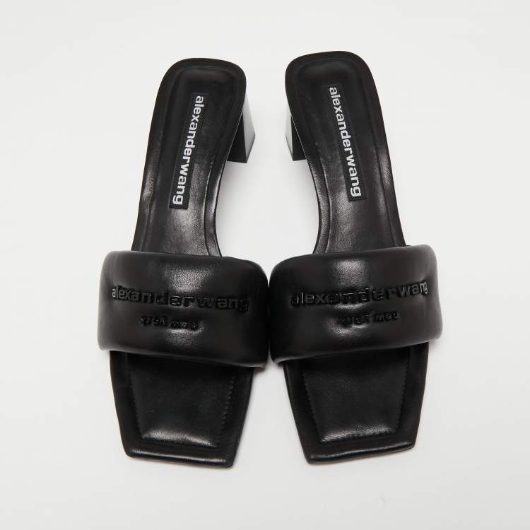 Pre Owned Alexander Wang Black Leather Anya Logo Slide Sandals Size 39.5
