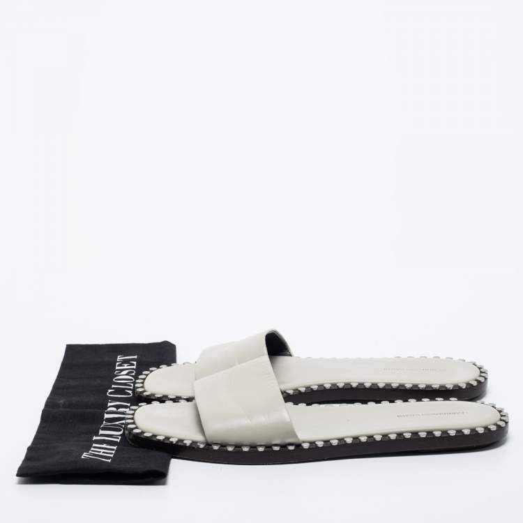 Pre Owned Alexander Wang Light Grey Leather Lola Studded Flat Slides Size 39