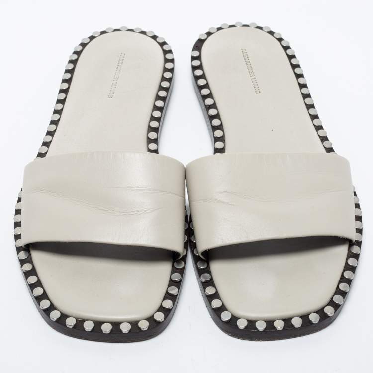 Pre Owned Alexander Wang Light Grey Leather Lola Studded Flat Slides Size 39