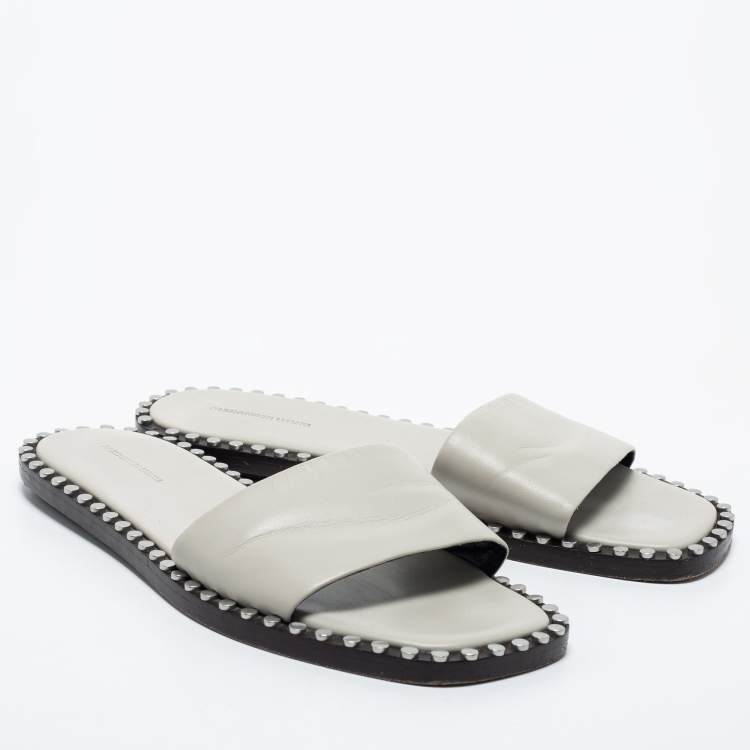 Pre Owned Alexander Wang Light Grey Leather Lola Studded Flat Slides Size 39