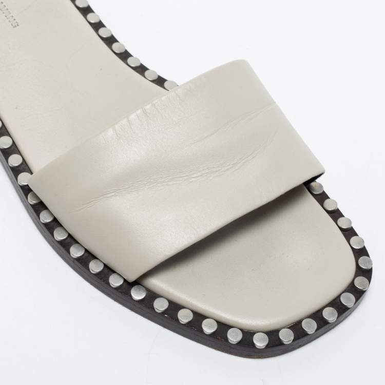 Pre Owned Alexander Wang Light Grey Leather Lola Studded Flat Slides Size 39