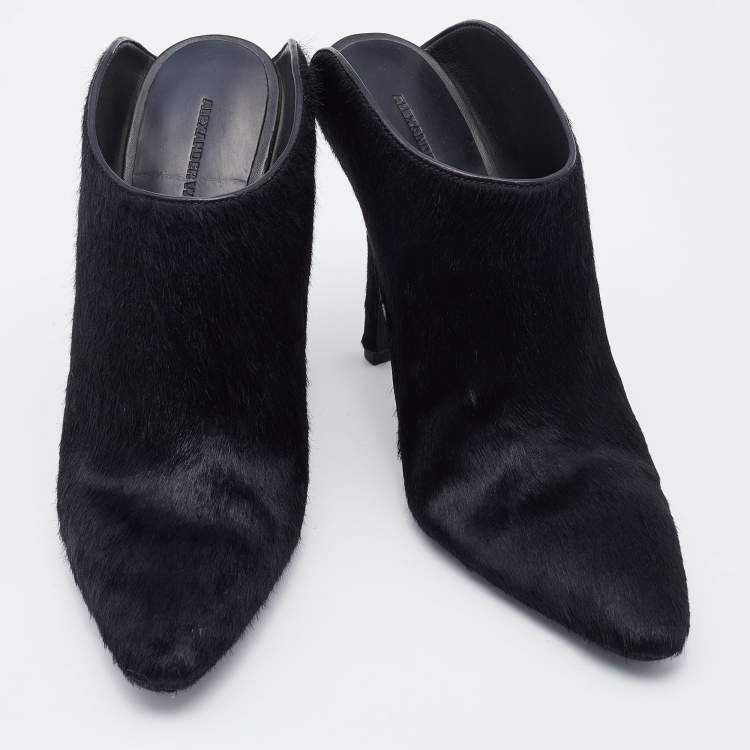 Pre Owned Alexander Wang Black Calf Hair Miranda Pointed Toe Mules Size 37
