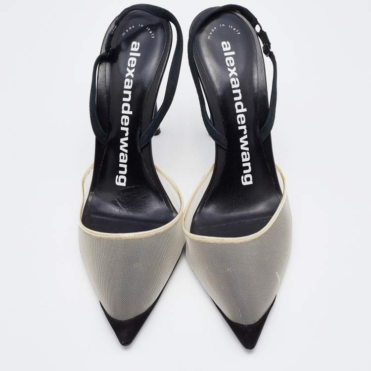 Pre Owned Alexander Wang Transparent/Black Mesh and Suede Alix Slingback Pumps Size 39.5