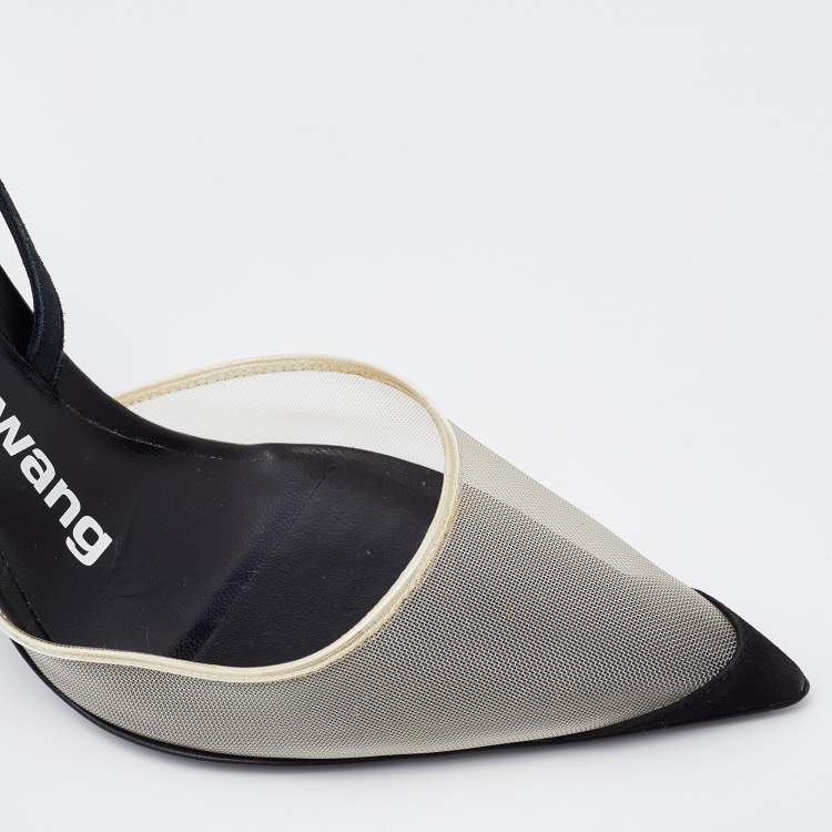 Pre Owned Alexander Wang Transparent/Black Mesh and Suede Alix Slingback Pumps Size 39.5
