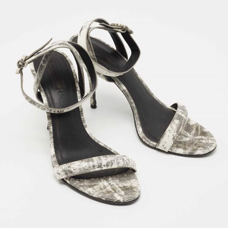 Pre Owned Alexander Wang White/Black Lizard Embossed Leather Ankle Strap Sandals Size 40.5