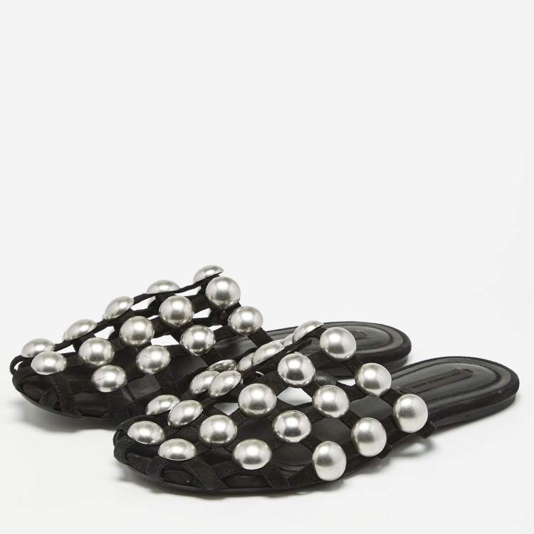 Pre Owned Alexander Wang Black Satin Amelia Mule Flats Size 36.5