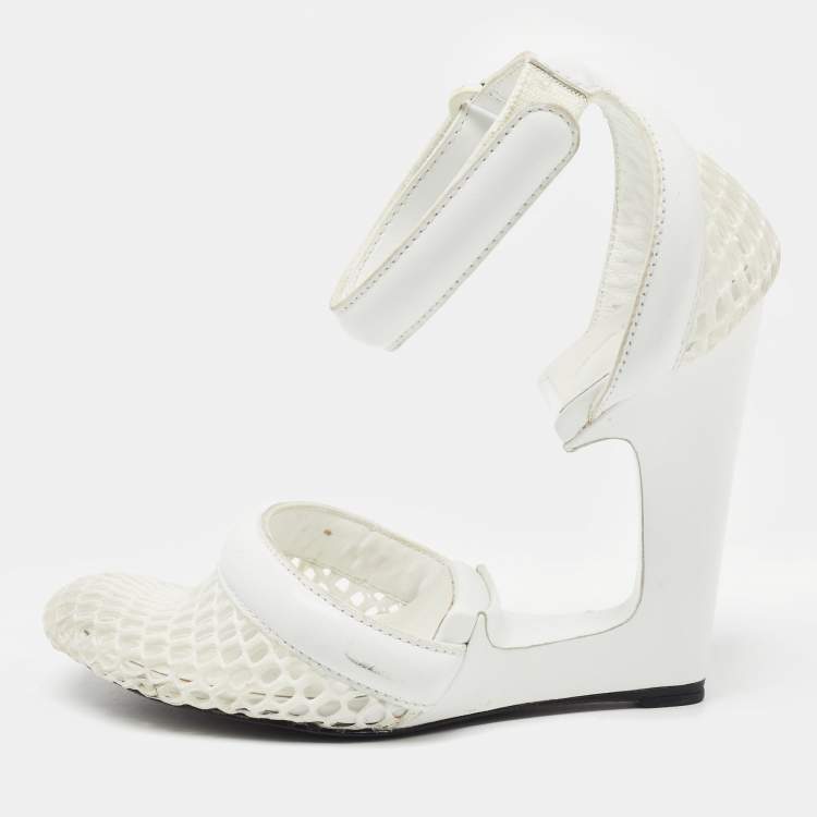 Pre Owned Alexander Wang White Leather and Fabric Ankle Wedge Ankle Strap Pumps Size 37