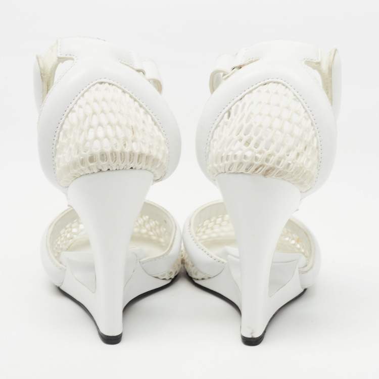 Pre Owned Alexander Wang White Leather and Fabric Ankle Wedge Ankle Strap Pumps Size 37