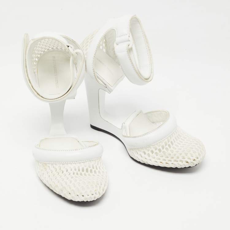 Pre Owned Alexander Wang White Leather and Fabric Ankle Wedge Ankle Strap Pumps Size 37