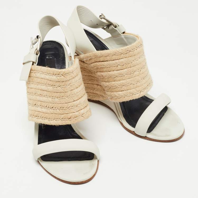 Pre Owned Alexander Wang Off White /Beige Leather and Jute Slingback Wedge Espadrille Sandals Size 38