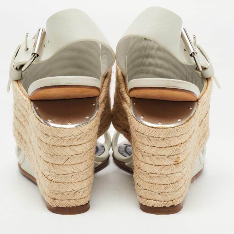 Pre Owned Alexander Wang Off White /Beige Leather and Jute Slingback Wedge Espadrille Sandals Size 38
