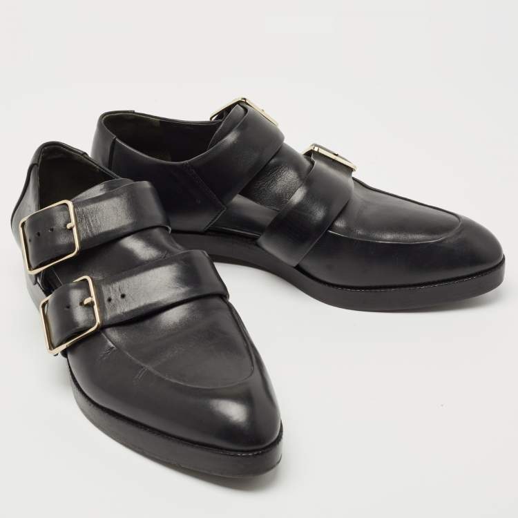 Pre Owned Alexander Wang Black Leather Double Cutout Monk Strap Loafers Size 38