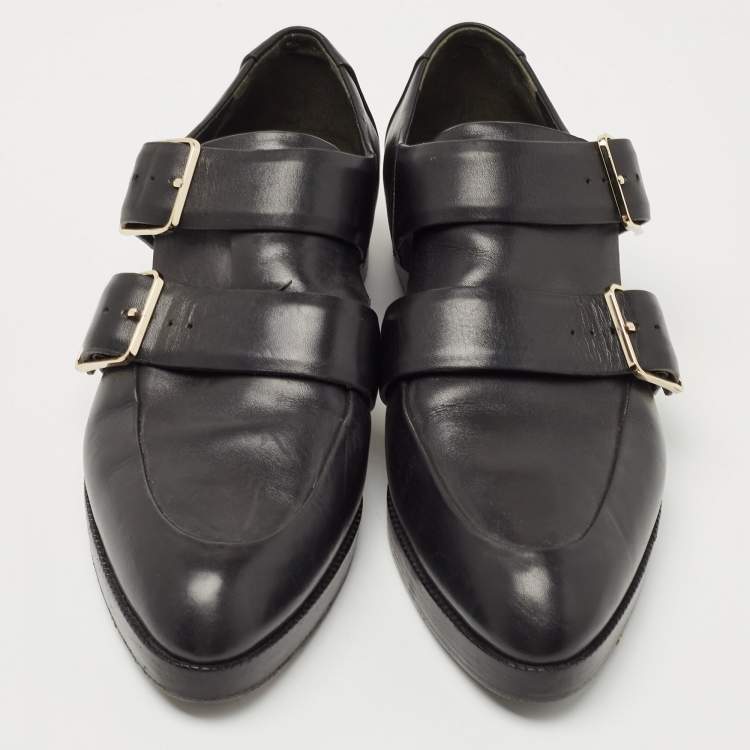 Pre Owned Alexander Wang Black Leather Double Cutout Monk Strap Loafers Size 38