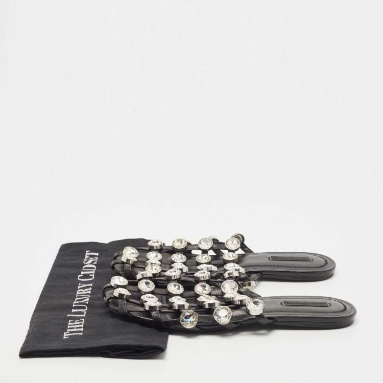 Pre Owned Alexander Wang Black Leather Amelia Crystal Embellished Flat Mules Size 39
