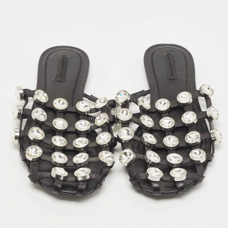 Pre Owned Alexander Wang Black Leather Amelia Crystal Embellished Flat Mules Size 39