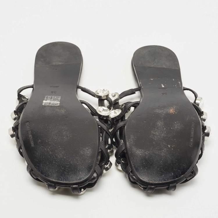 Pre Owned Alexander Wang Black Leather Amelia Crystal Embellished Flat Mules Size 39