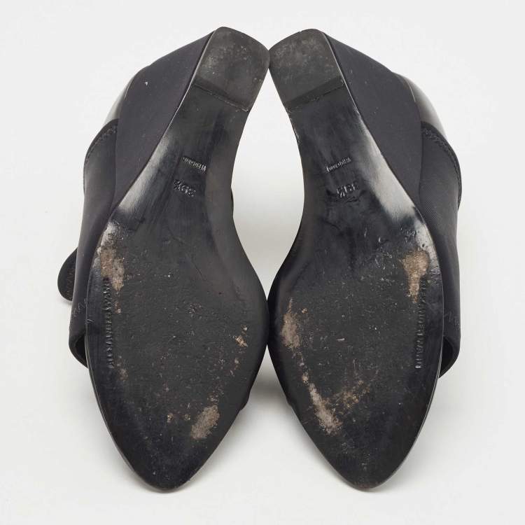 Pre Owned Alexander Wang Black Leather and Stretch Fabric Alla Wedge Open Toe Pumps Size 39.5