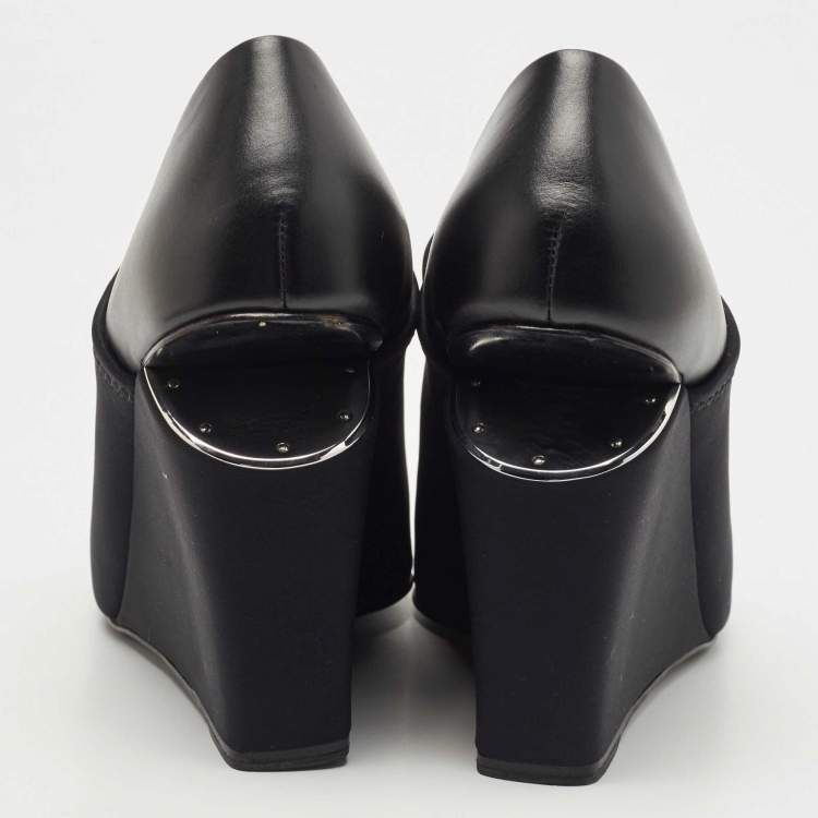 Pre Owned Alexander Wang Black Leather and Stretch Fabric Alla Wedge Open Toe Pumps Size 39.5