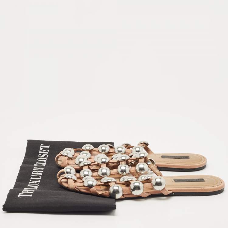 Pre Owned Alexander Wang Brown Leather Amelia Studded Flat Slides Size 36