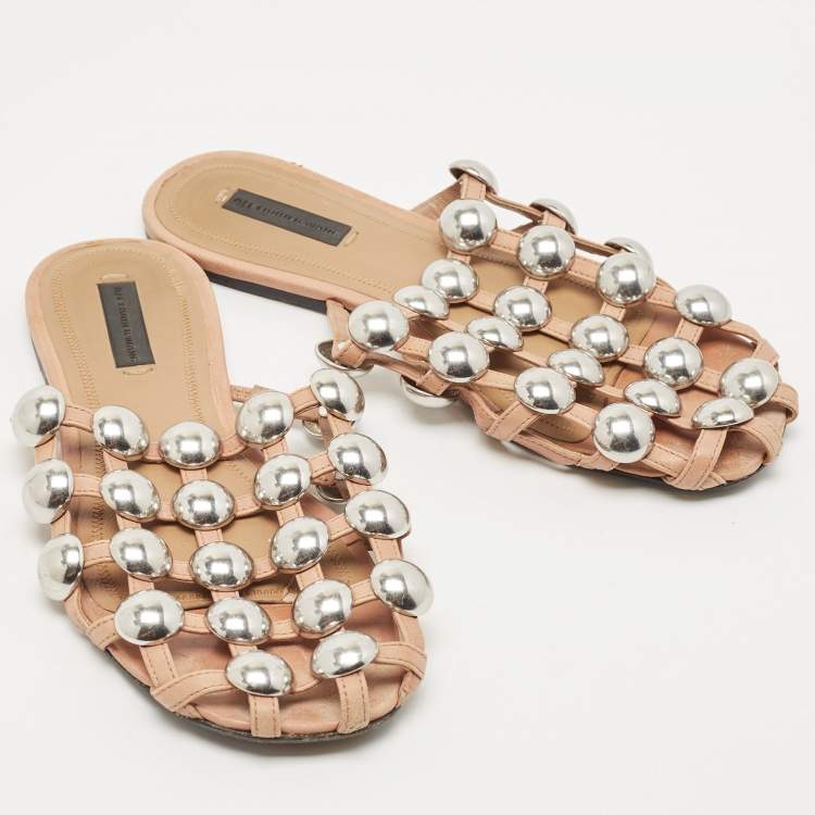 Pre Owned Alexander Wang Brown Leather Amelia Studded Flat Slides Size 36