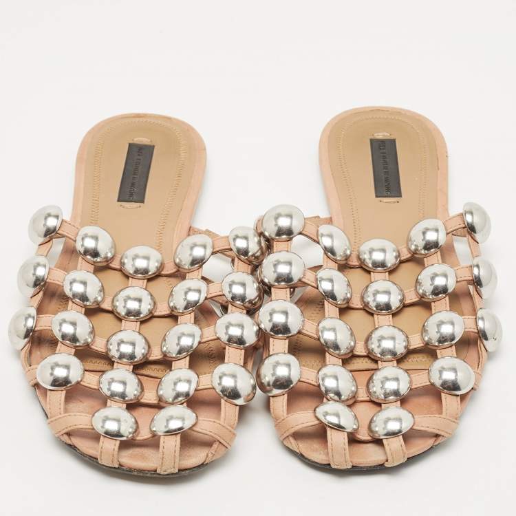 Pre Owned Alexander Wang Brown Leather Amelia Studded Flat Slides Size 36