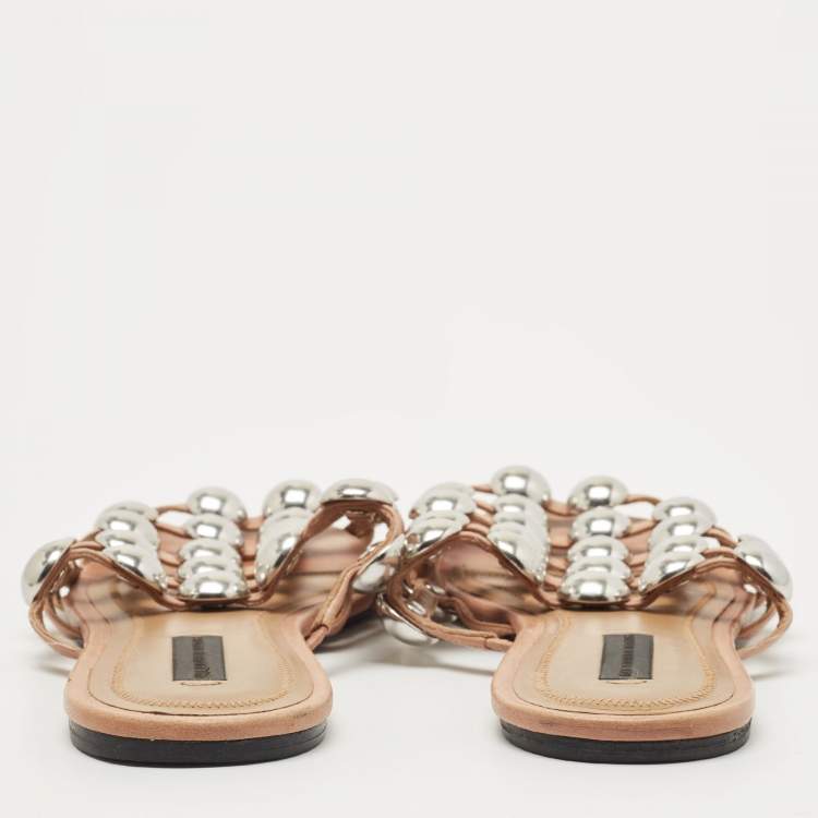 Pre Owned Alexander Wang Brown Leather Amelia Studded Flat Slides Size 36
