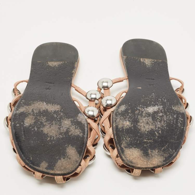 Pre Owned Alexander Wang Brown Leather Amelia Studded Flat Slides Size 36