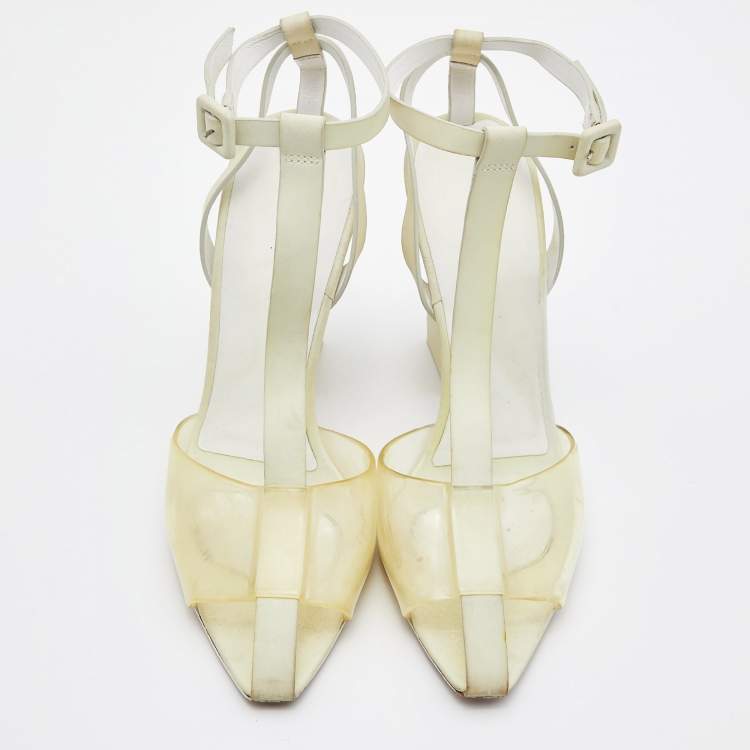 Pre Owned Alexander Wang Light Yellow Leather and PVC T-Bar Ankle Strap Pumps Size 38