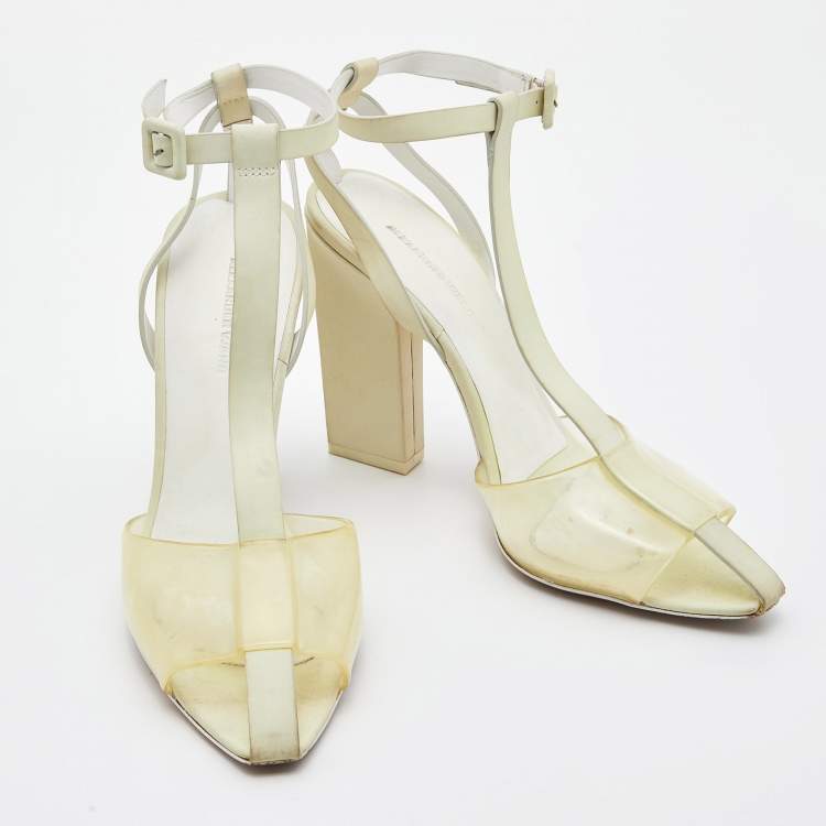 Pre Owned Alexander Wang Light Yellow Leather and PVC T-Bar Ankle Strap Pumps Size 38