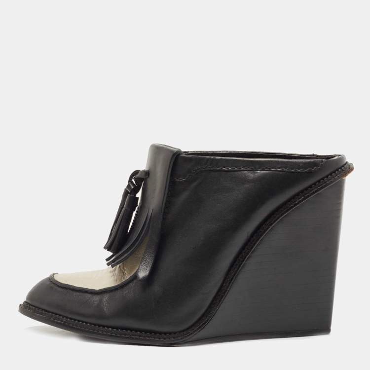 Pre Owned Alexander Wang Black/White Leather Trish Wedge Mules Size 38