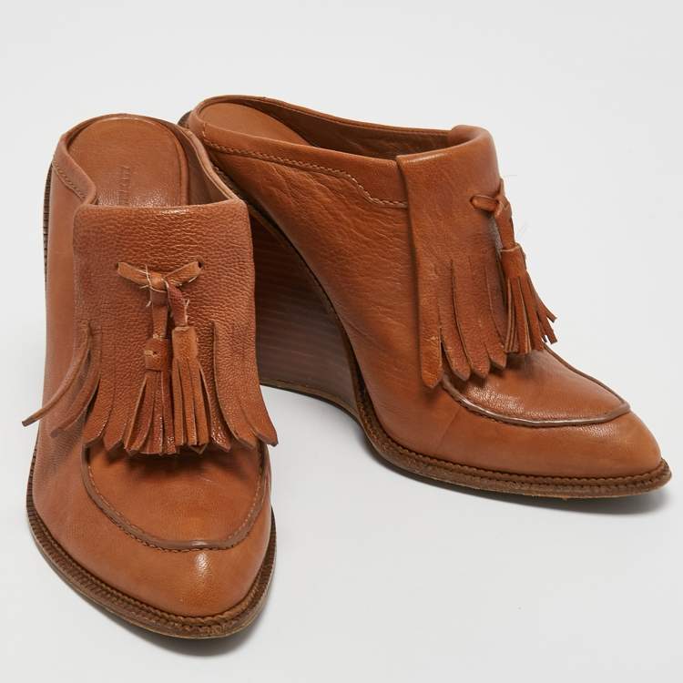 Pre Owned Alexander Wang Tan Leather Trish Wedge Mules Size 38